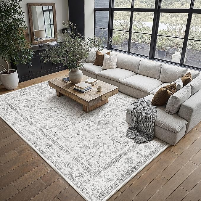 Grey 9x12 Area Rug Vintage Washable Living Room Carpet Non Slip Neutral Bedroom - Image 3