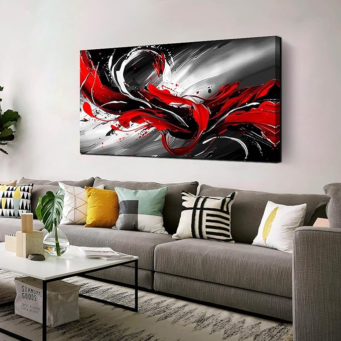 Black White and Red Abstract Print Picture Painting Large Canvas Wall Art by FramedCanvasWallArt