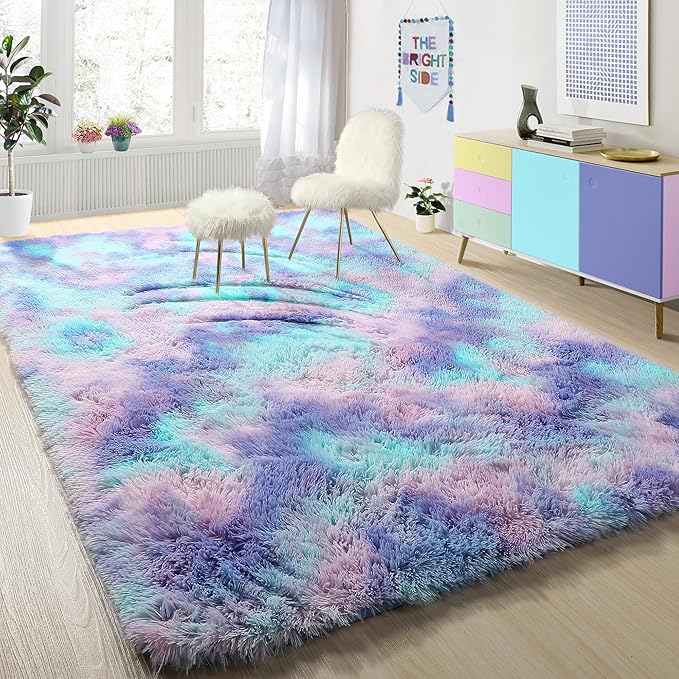 PAGISOFE Cute Furry Pastel Rug for Girls Bedroom, Soft Shag Rainbow Purple Tent by PAGISOFE