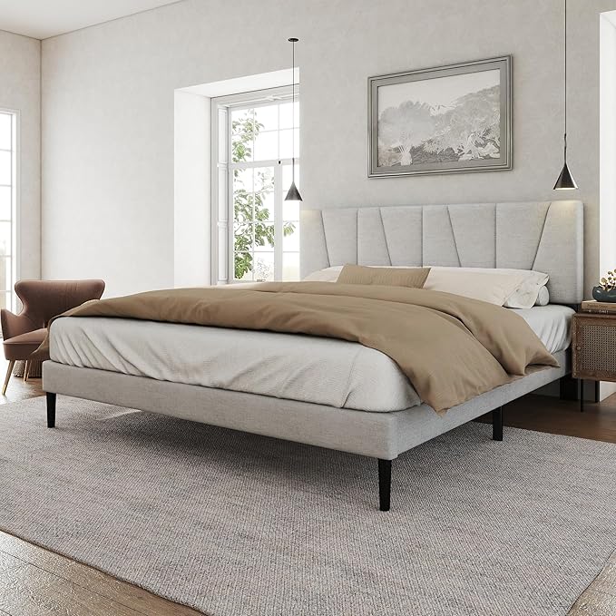 Full Size Bed Frame with Fabric Upholstered Headboard, Platform Bed with Wooden by HAOARA