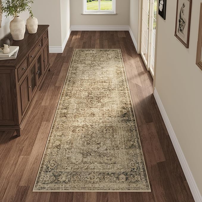 Fmfunctex 2x6 Runner Rug Brown Vintage Neutral Washable Distressed Non Slip Low by Fmfunctex
