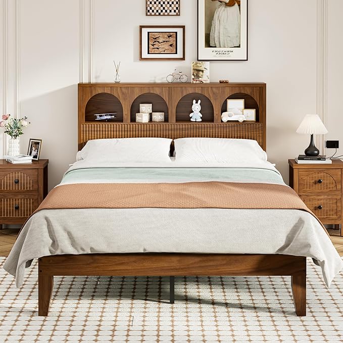 Full Bed Frame with Wave Headboard, Storage Headboard with 4 Arched Storage - Image 8
