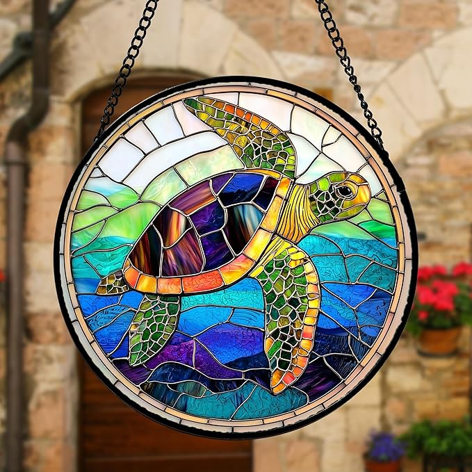 DASTOLL Stained Glass Window Hanging, Colored Turtle Ocean Suncatcher Diamond - Image 2