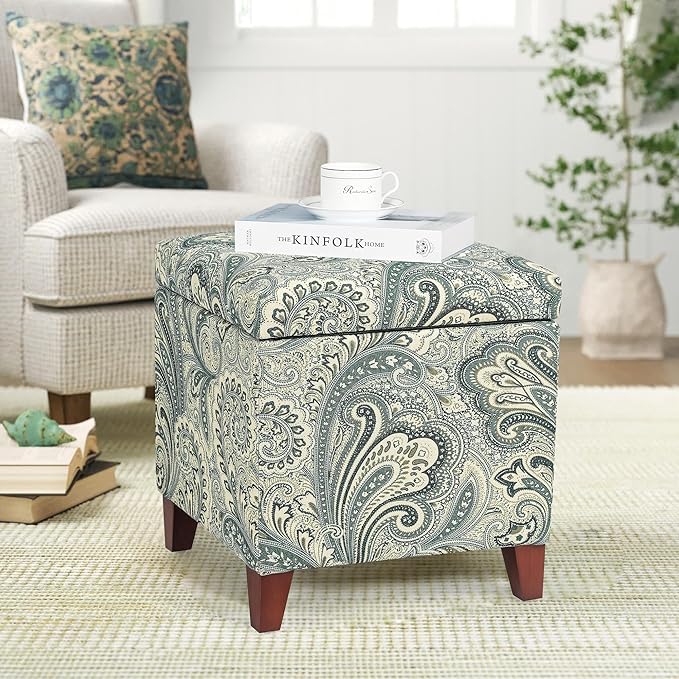 Adeco 18 Inch High Cube Ottoman Storage, Paisley Linen Chair Foot Stools by Adeco
