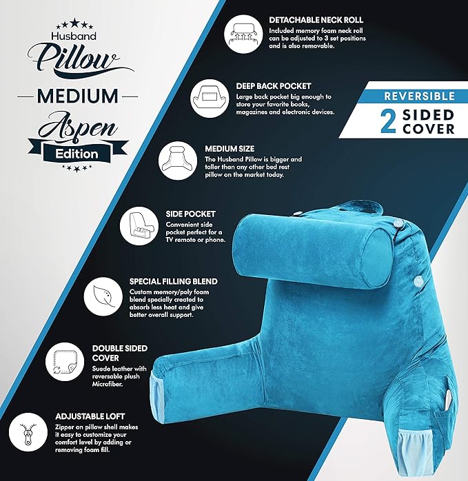 Husband Pillow Medium Aspen Edition Rodeo Blue, Sit Up Reading & Bed Rest - Image 4