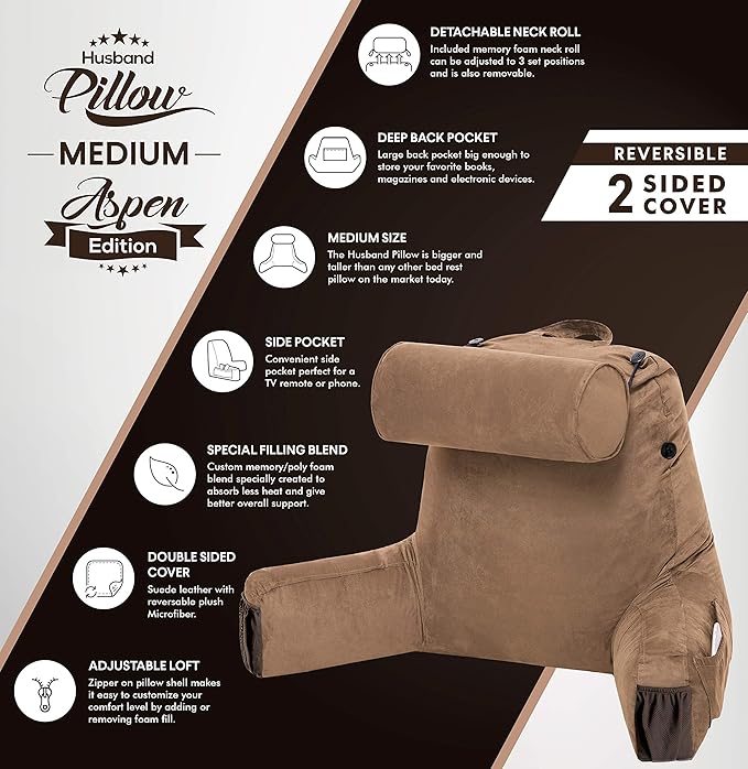 Husband Pillow Medium Aspen Edition Saddle Brown, Sit Up Reading & Bed Rest - Image 4