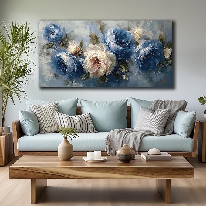 JuhaiArt Blue Wall Art Bedroom Large Flower Canvas Wall Decor Peony Floral - Image 5
