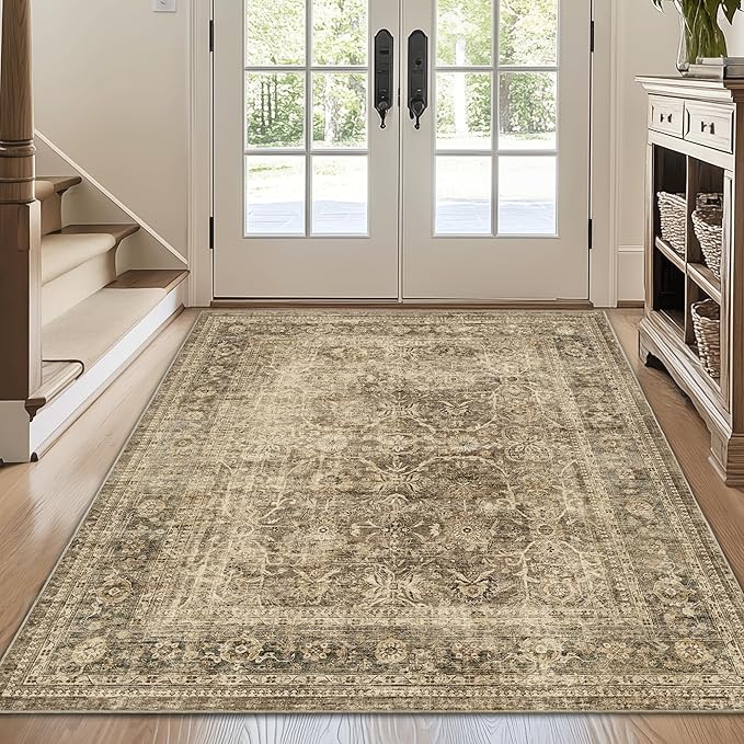 FMFUNCTEX 4x5 Washable Area Rug Neutral Vintage Brown Non Slip Low Pile by Fmfunctex
