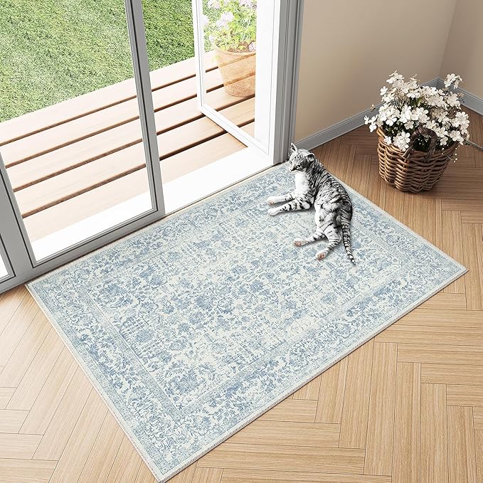 Blue Entryway Area Rug 2x3 Door Mat Machine Washable Kitchen Vintage Distressed - Image 5