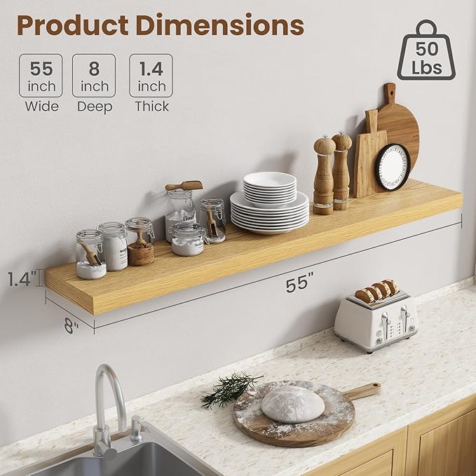 55 Inch Floating Shelves for Wall, 8 Inch Deep Floating Shelf for Storage & - Image 3