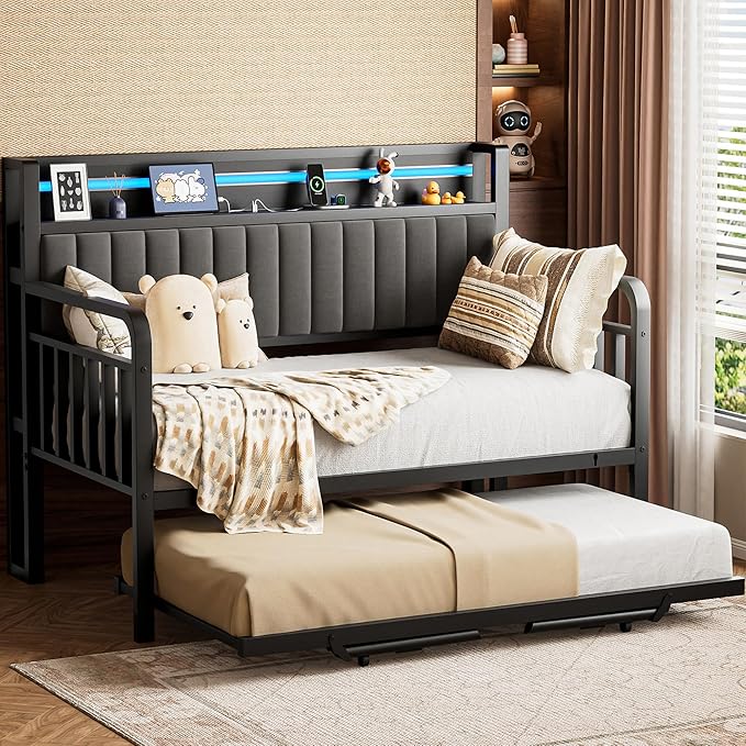 Daybed with Trundle and LED Light, Heavy Duty Metal Twin Bed Frame with by JOCOEVOL