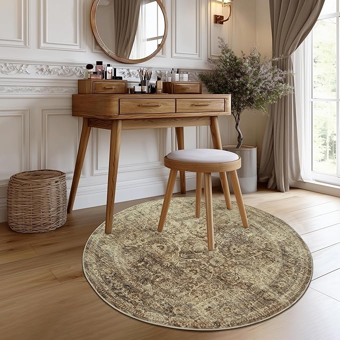 FMFUNCTEX 3ft Round Washable Area Rug Brown Vintage Neutral Distressed Small - Image 8