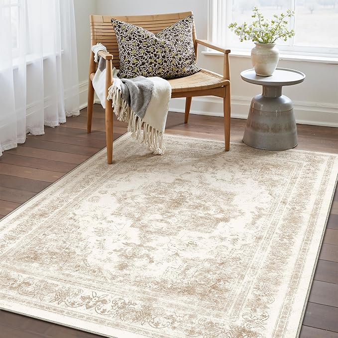 Area Rug 3x5 Cream Washable Office Entryway Vintage Medallion Beige Carpet Non by PureCozy