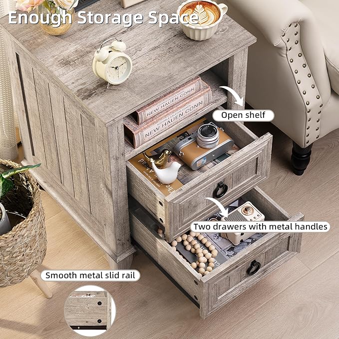 18" Farmhouse Night Stand with Charging Station, 2 Drawers End Table Dresser - Image 5