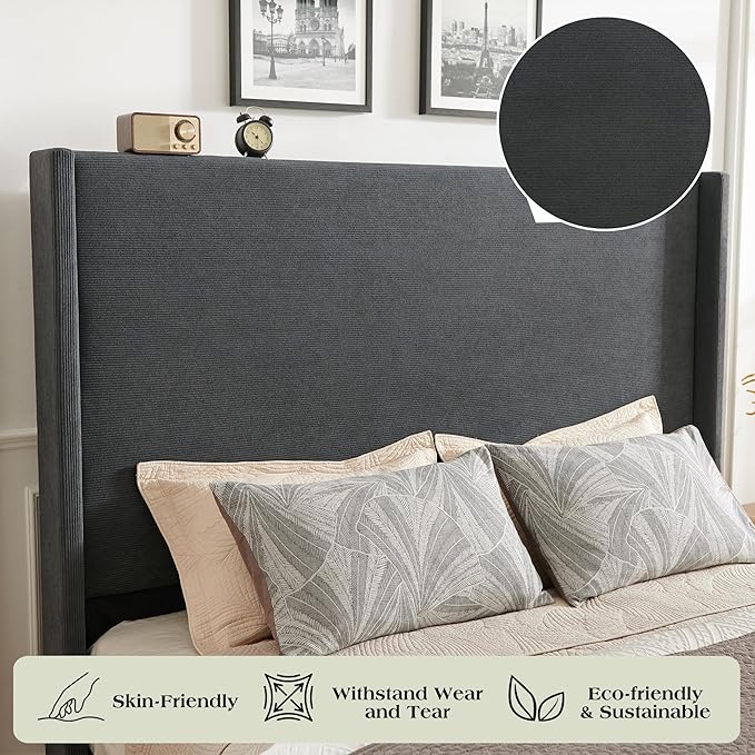 King Bed Frame with 65" Tall Headboard, Horizontal Fine Corduroy Bed Frame with - Image 4