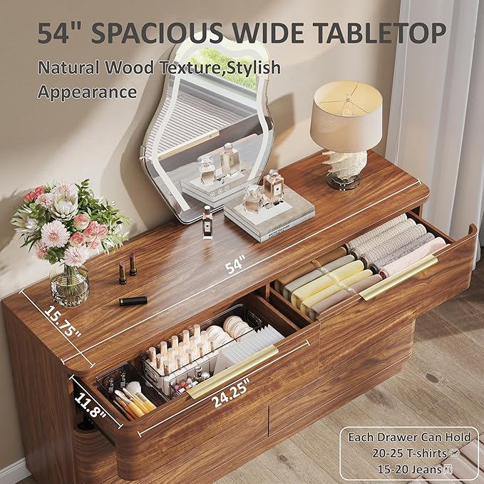 6 Drawer Dresser for Bedroom, Curved Profile Design, Wooden Walnut Dresser - Image 4