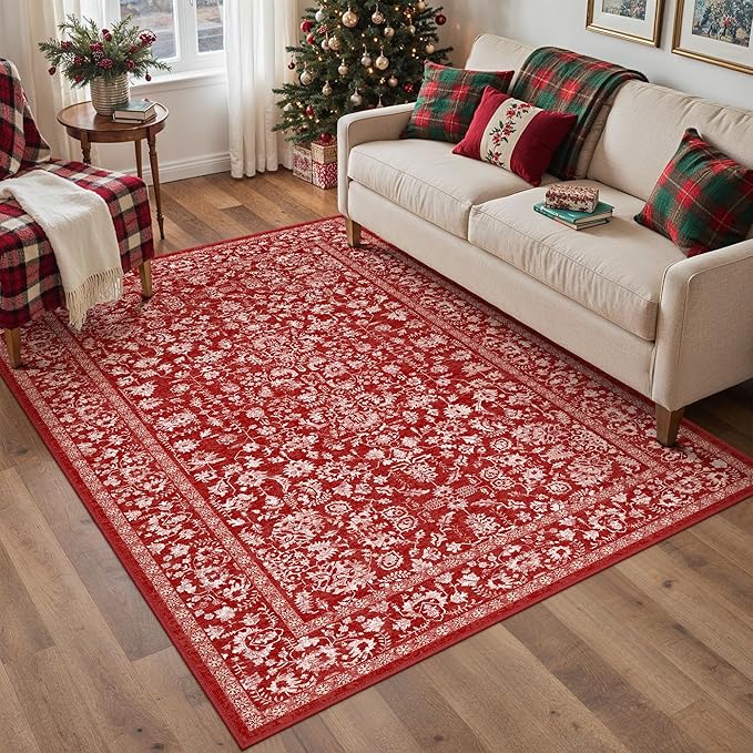 Christmas Area Rug 3x5 Red Washable Office Carpet Holiday Door Mat Vintage Low - Image 4