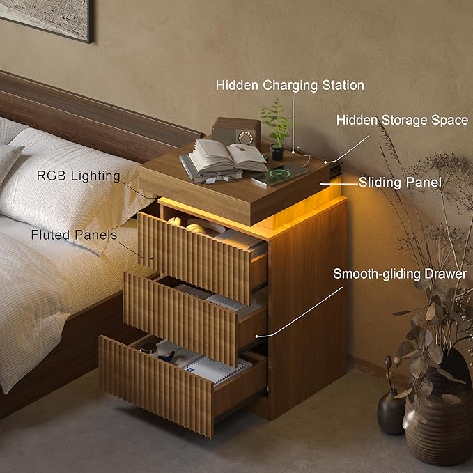 Walnut Nightstand with 3 Drawers and LED Light, Mid Century Modern Fluted Night - Image 4
