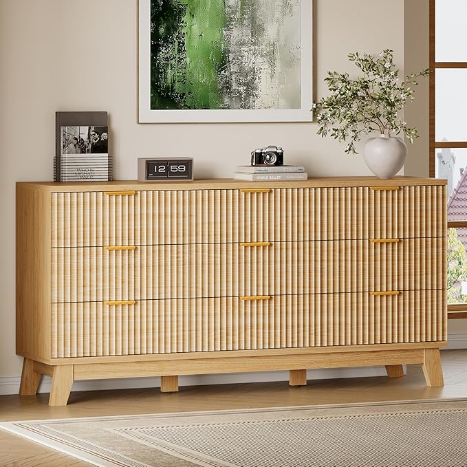 63" Long Dresser for Bedroom, 9-Drawer Fluted Dresser, Extra-Wide Wood Chest of by BORNOON