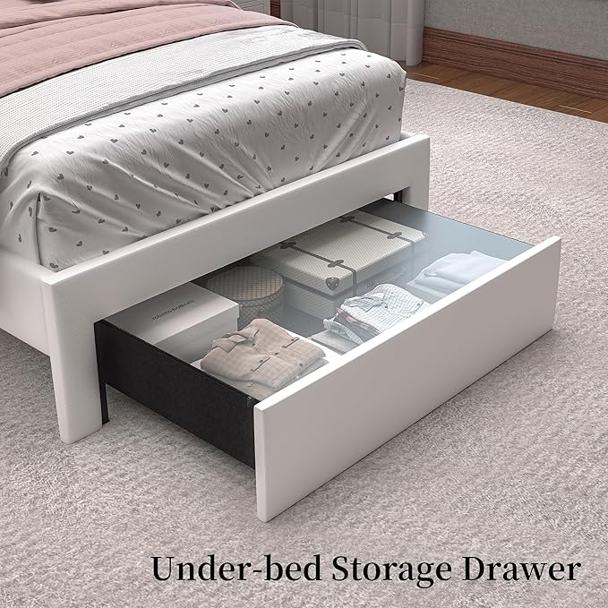 Twin LED Bed Frame with Storage Drawer, PU Upholstered Platform Beds with - Image 8