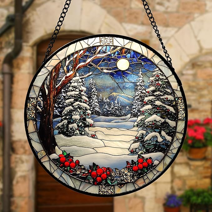 DASTOLL Stained Glass Window Hanging Christmas Tree Winter Snow Night Scenery - Image 4