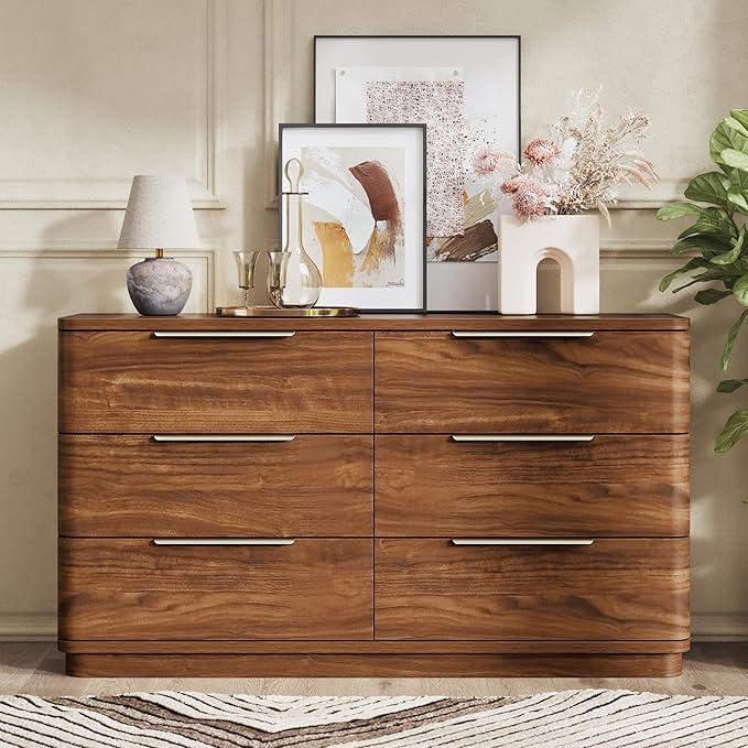 6 Drawer Dresser for Bedroom, Curved Profile Design, Wooden Walnut Dresser - Image 6