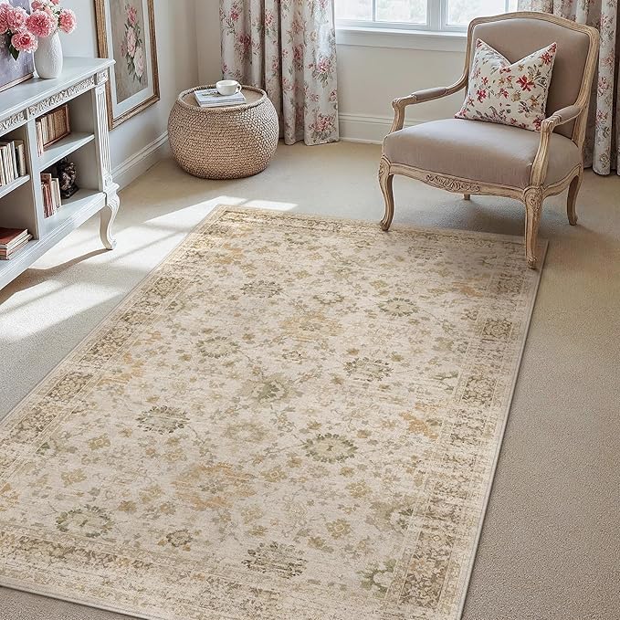 Beige 3x5 Area Rug Non Slip Vintage Office Entryway Rug Distressed Machine by PureCozy
