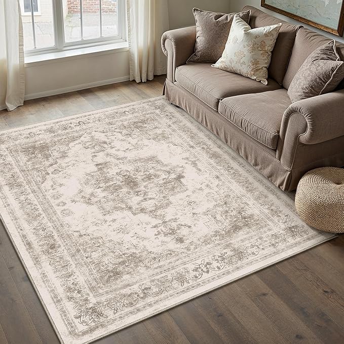 Area Rug 3x5 Washable Taupe Rug Vintage Boho Medallion Entryway Door Mat - Image 6