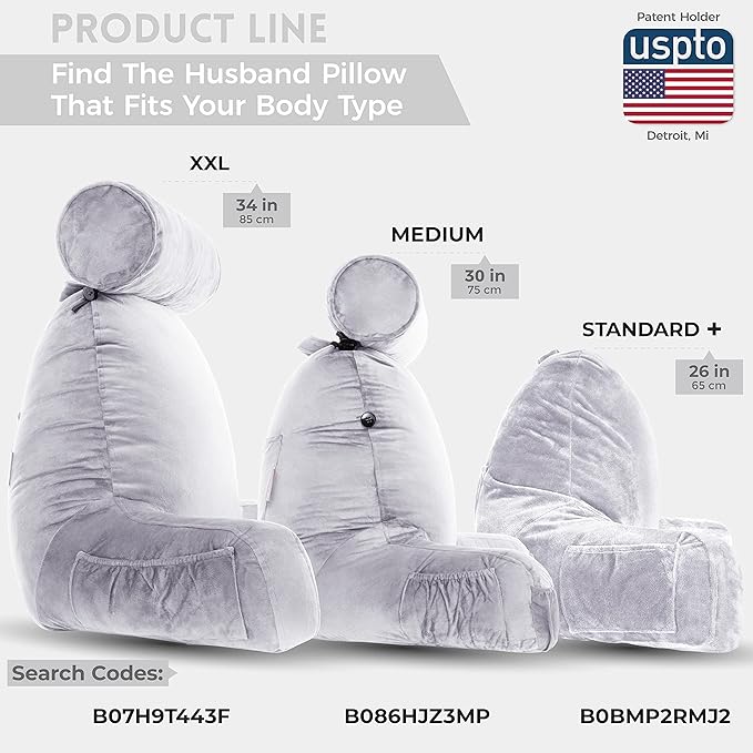 Husband Pillow Light Grey, Original Reading Pillow in Bed Rest Chair, Shredded - Image 3