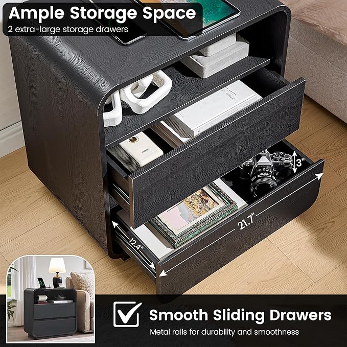 Black Nightstand with Charging Station, Modern End Table with 2 Storage Drawers - Image 5