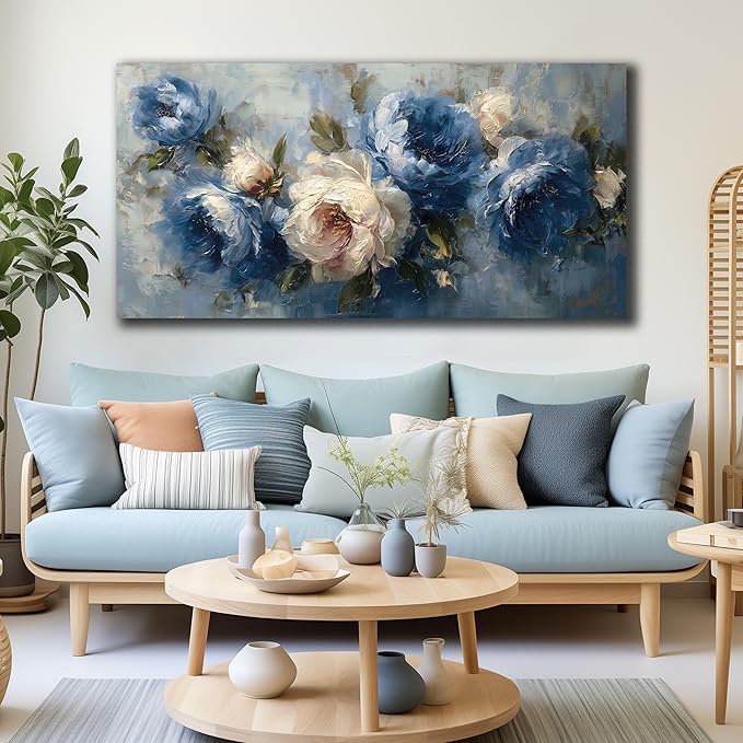 JuhaiArt Blue Wall Art Bedroom Large Flower Canvas Wall Decor Peony Floral - Image 4