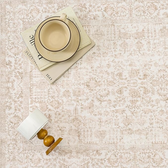 Beige Area Rug 9x12 Machine Washable Large Vintage Living Room Distressed Non - Image 5