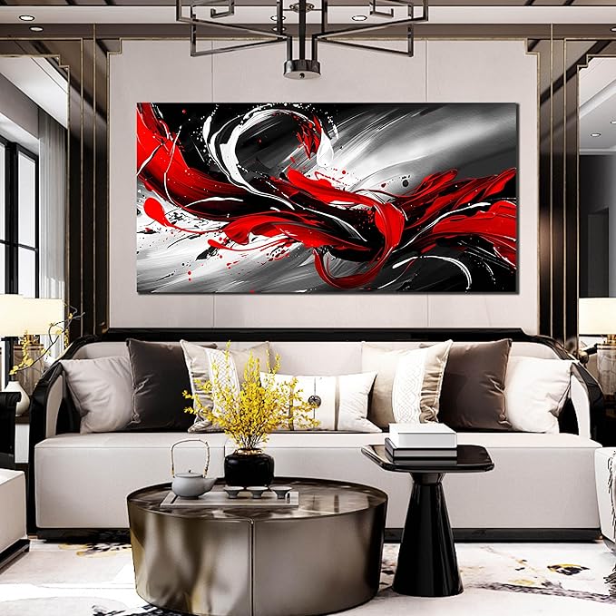 Black White and Red Abstract Print Picture Painting Large Canvas Wall Art - Image 4
