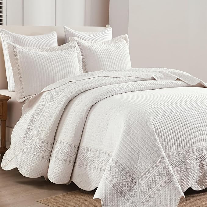 MarCielo 100% Cotton Quilt Set White Lightweight Bedspread - Image 2