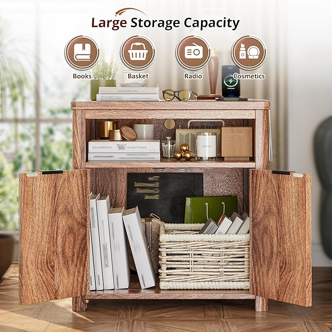 Fluted Nightstand with Charging Stations, 23.6" Wide Walnut Nightstand with - Image 7