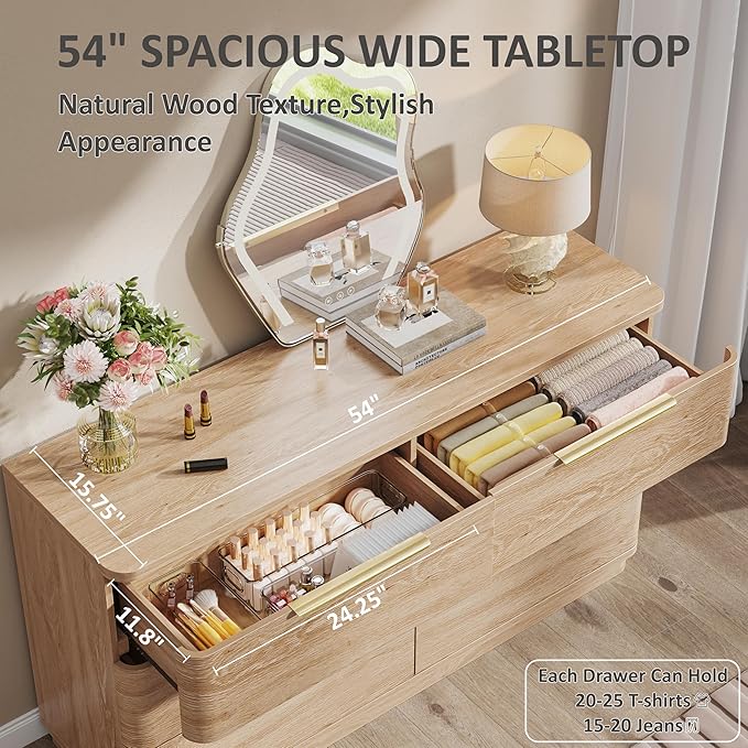 6 Drawer Dresser for Bedroom, Curved Profile Design, Wooden Oak Dresser Closet - Image 4