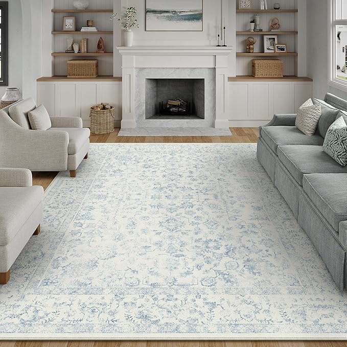 9x12 Blue Area Rug Non Slip Large Vintage Living Room Distressed Machine by PureCozy