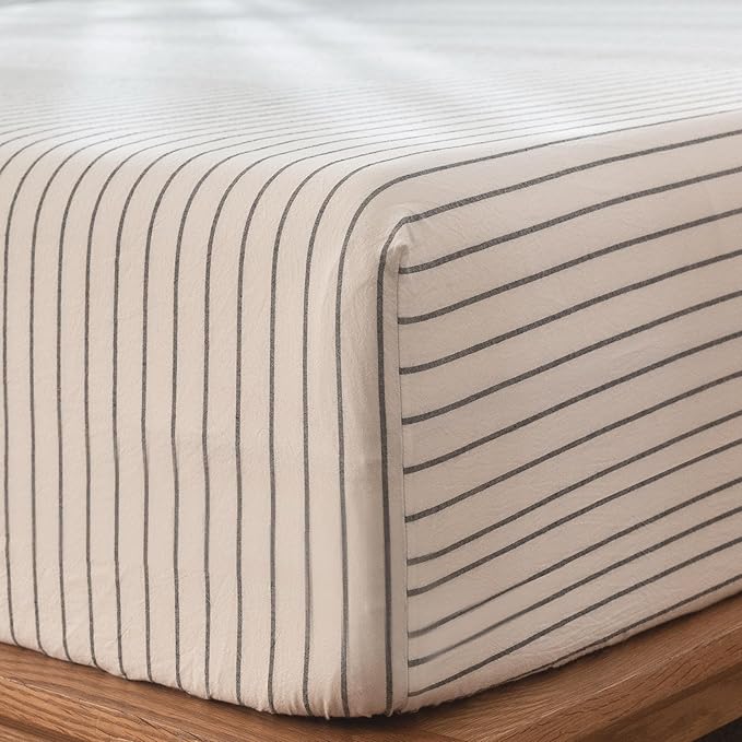 MooMee Fitted Bottom Sheet Only 100% Washed Cotton Linen Like Textured by MOOMEE
