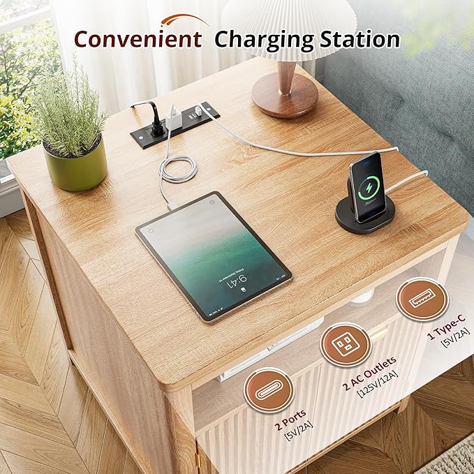 Fluted Nightstand with Charging Stations, 23.6" Wide Natural Oak Nightstand - Image 4