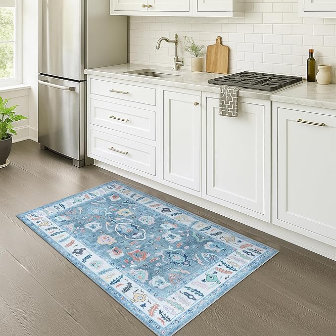 Fame Rugs Teal Modern Oushak Rug 2'6"x7', Washable Vintage Turkish Colorful by FameRugs