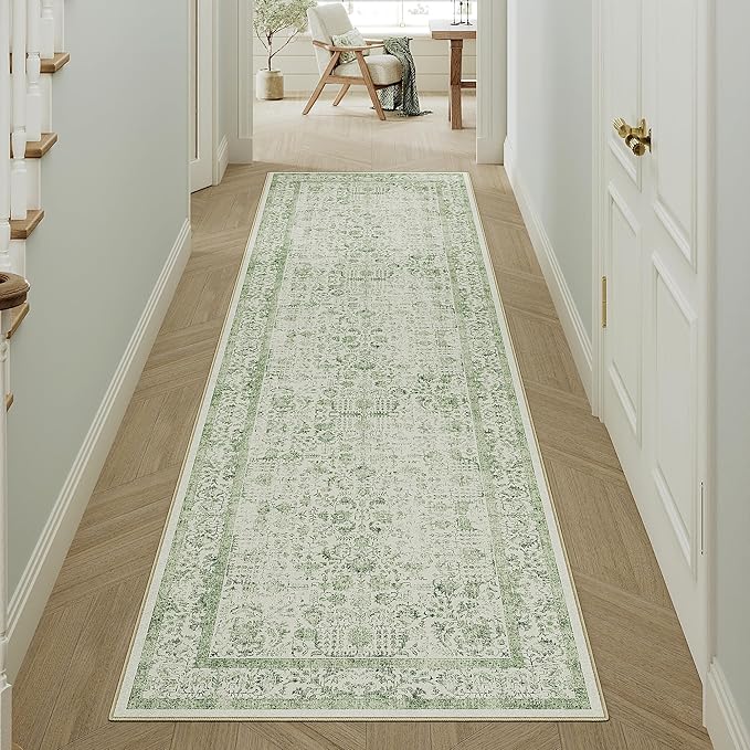 Runner Rug 2x6 Sage Green Hallway Washable Vintage Distressed Kitchen Carpet by PureCozy