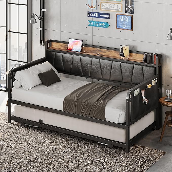 LIKIMIO Daybed with Trundle Bed, Twin Bed Frame with Storage Headboard and - Image 9