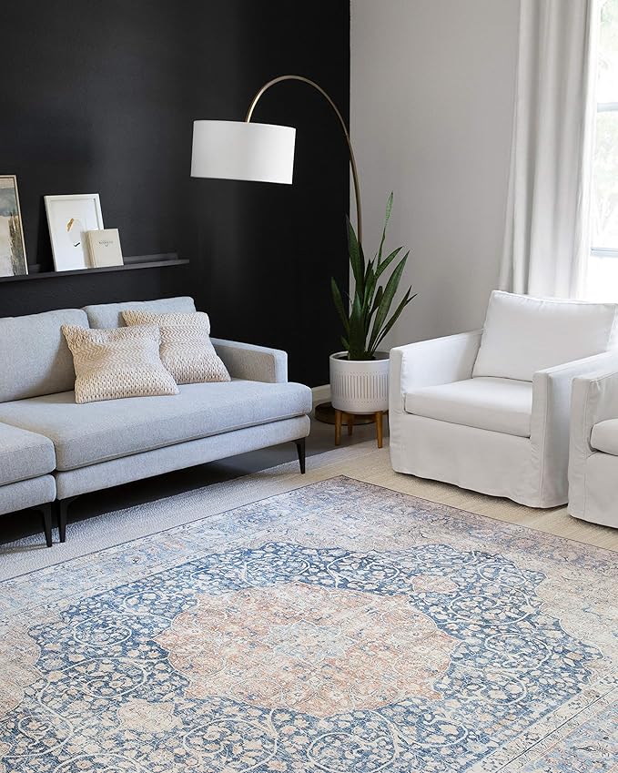 Loloi Layla Collection LAY-07 Blue/Tangerine 5'-0" x 7'-6" .13" Thick Area Rug - Image 2