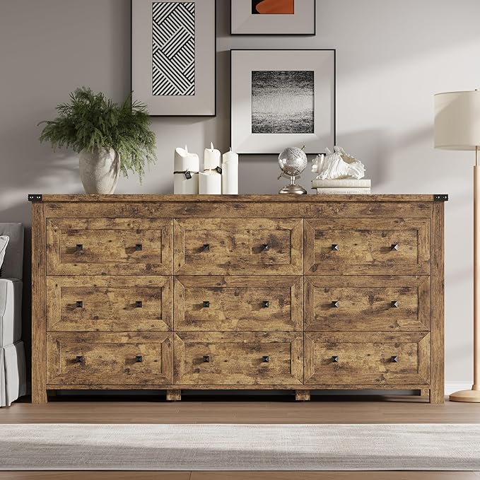 BORNOON 9-Drawer Dresser, Modern Wooden Storage Chest of Drawers, Dresser TV - Image 3