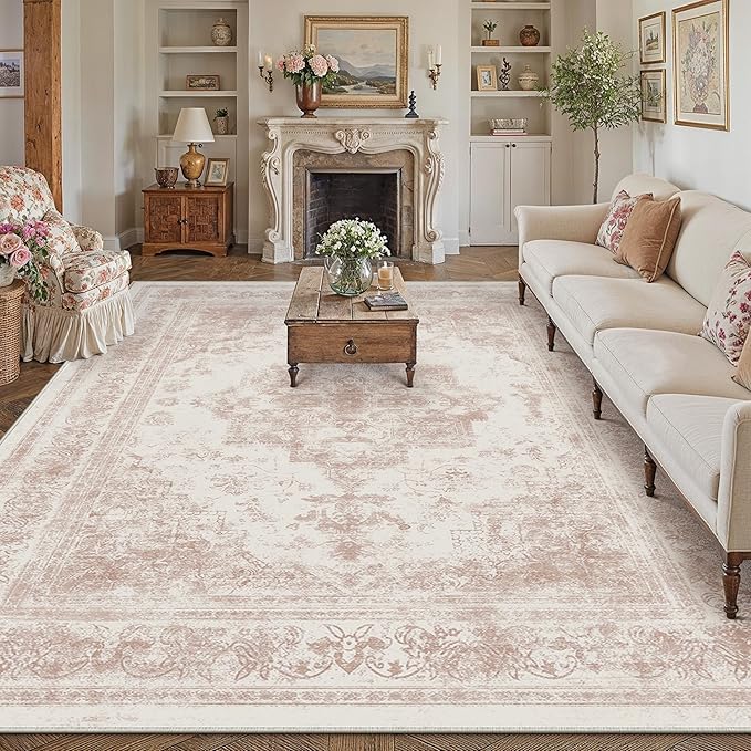 Washable Rug 9x12 Area Rug for Living Room Pink Vintage Boho Medallion Large - Image 5