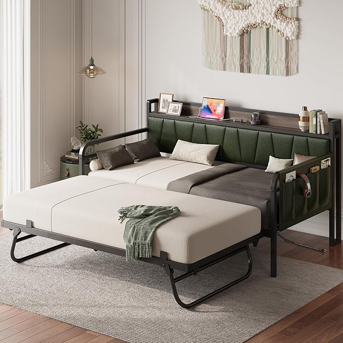 LIKIMIO Daybed with Trundle Bed, Twin XL Bed Frame with Storage Headboard and by LIKIMIO