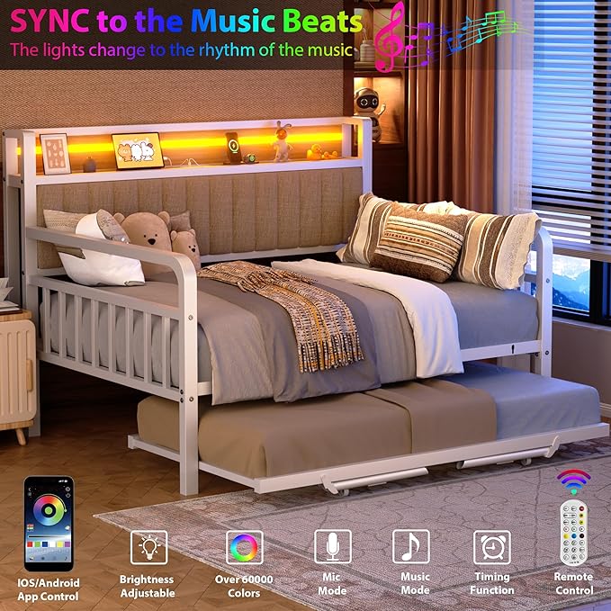 Daybed with Trundle and LED Light, Heavy Duty Metal Full Bed Frame with - Image 5