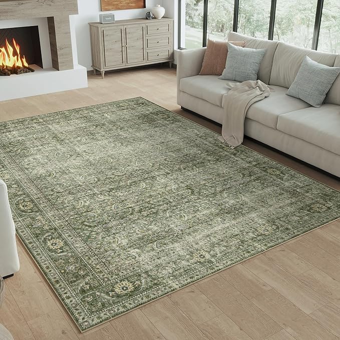 FMFUNCTEX 5x7 Washable Area Rug Green Neutral Vintage Distressed Non Slip Low - Image 3