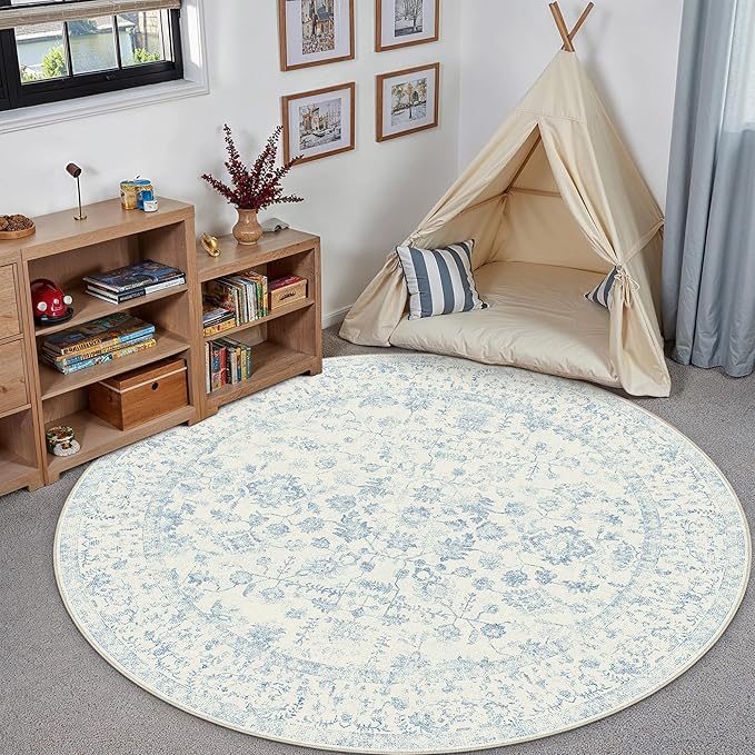 3ft Blue Round Area Rug Entryway Door Mat Small Circle 3x3 Kitchen Vintage - Image 5