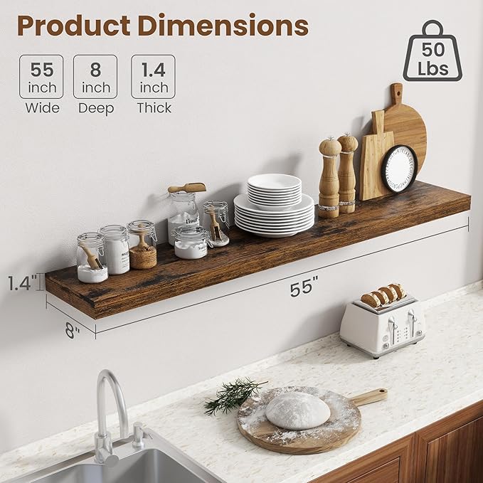 55 Inch Floating Shelves for Wall, 8 Inch Deep Floating Shelf for Storage & - Image 3